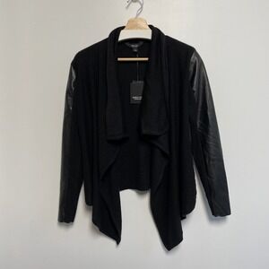 Simply Vera Vera Wang Black Waterfall Cardigan Faux Leather Sleeves Size S Nwt